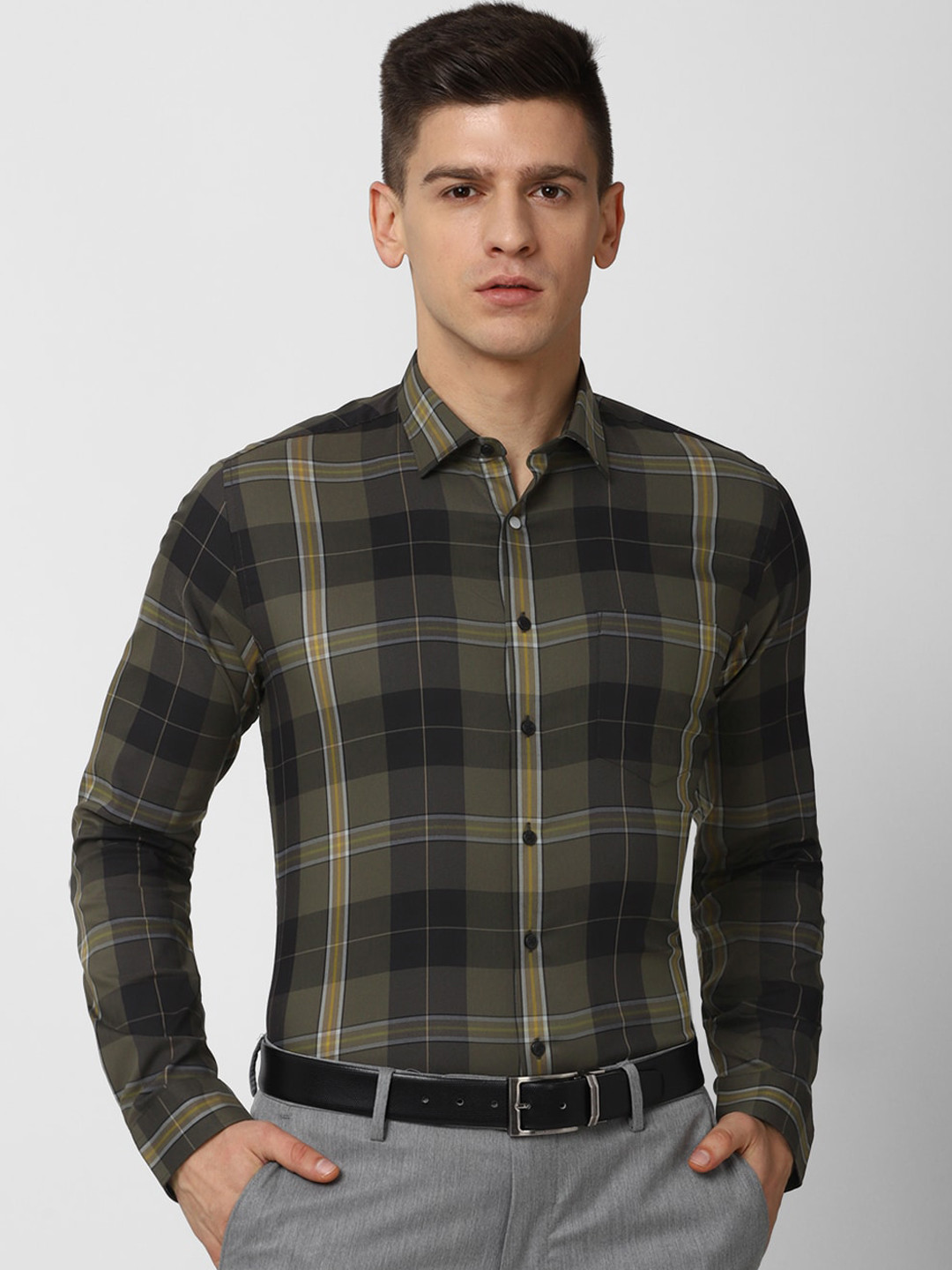 

Van Heusen Men Olive Green Slim Fit Checked Formal Shirt