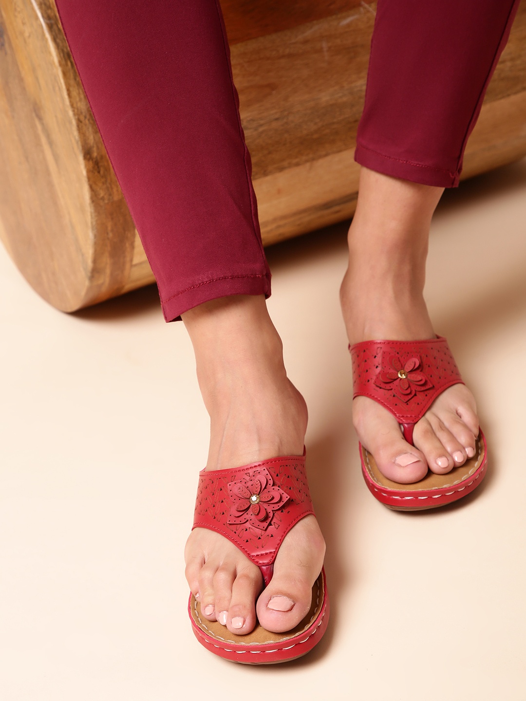 

Liberty Women Red Embellished Open Toe Flats with Laser Cuts