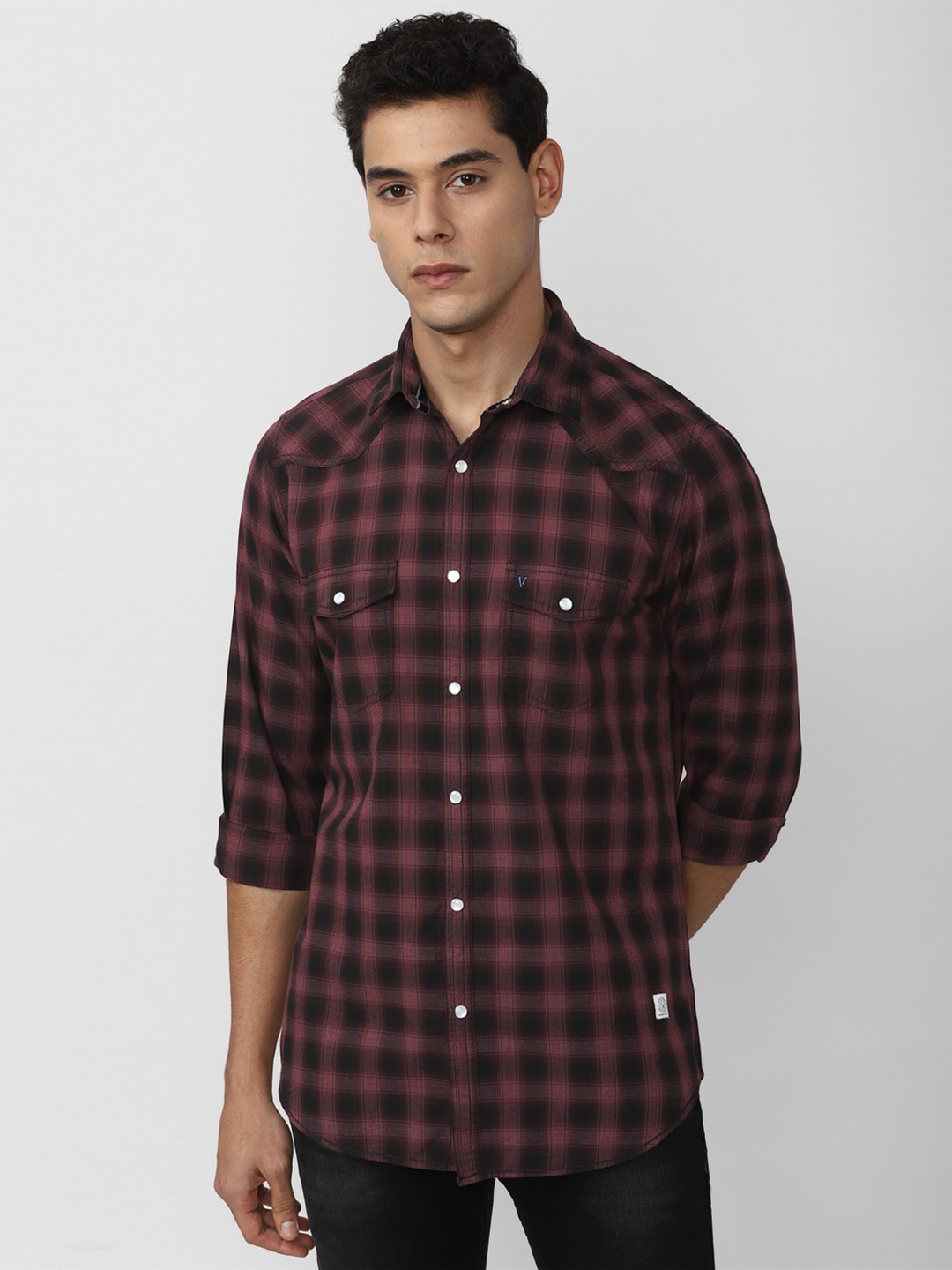 

VAN HEUSEN DENIM LABS Men Maroon Slim Fit Buffalo Checks Checked Casual Shirt