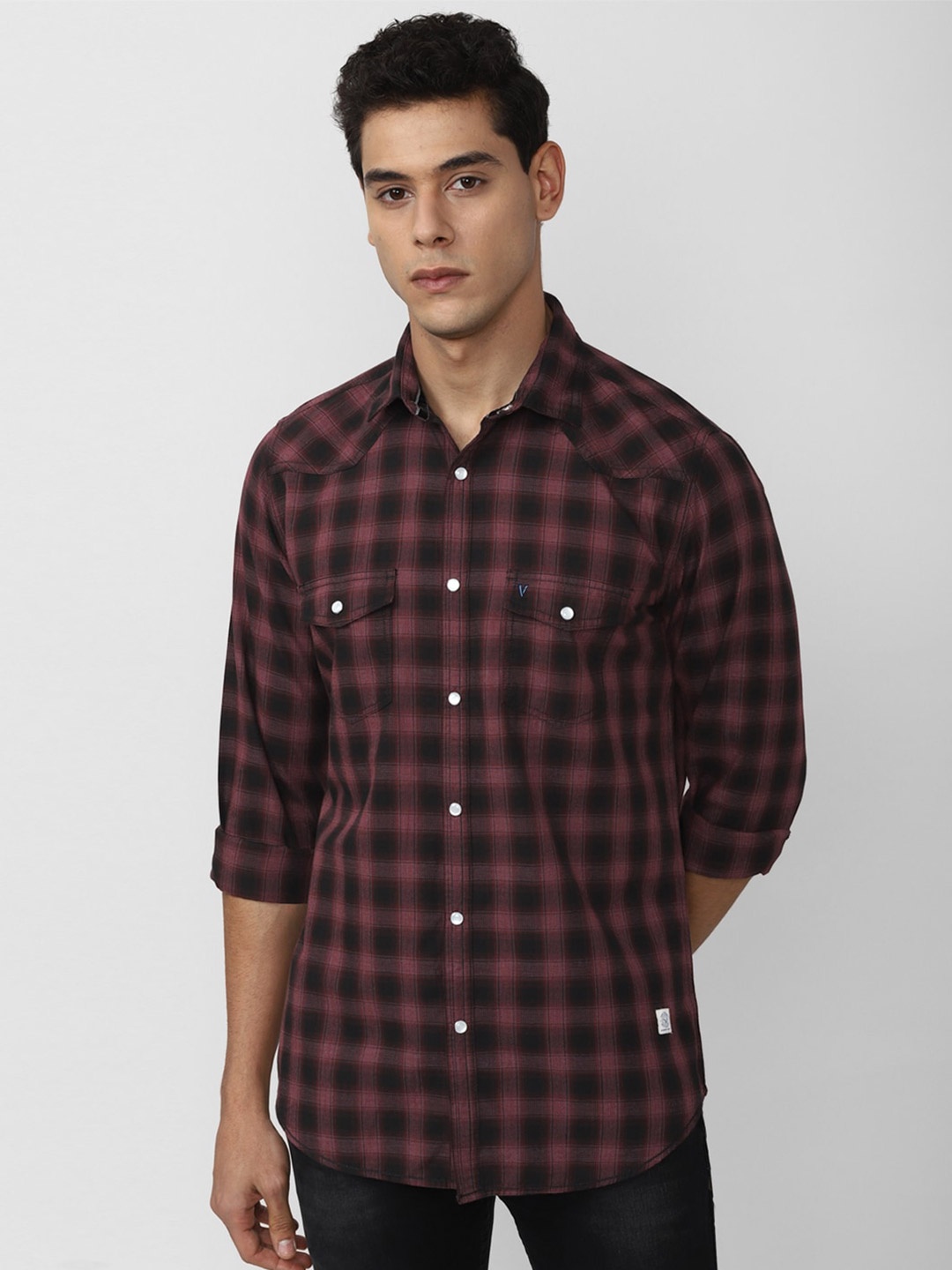 

VAN HEUSEN DENIM LABS Men Maroon Slim Fit Buffalo Checks Checked Casual Shirt