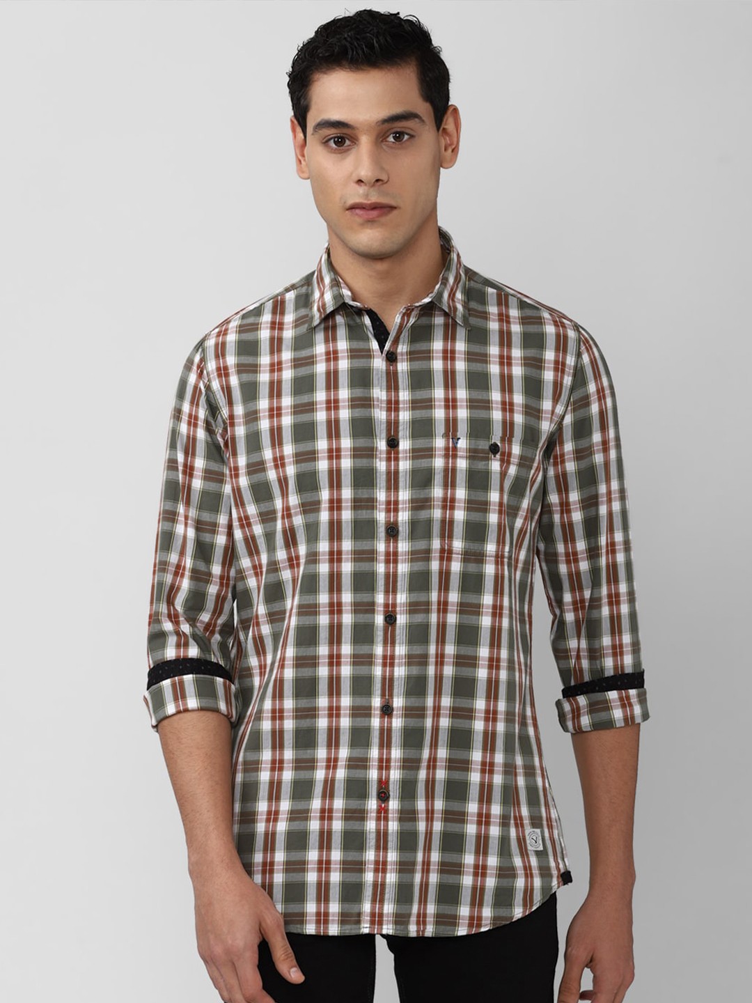 

VAN HEUSEN DENIM LABS Men Olive Green Slim Fit Checked Casual Shirt