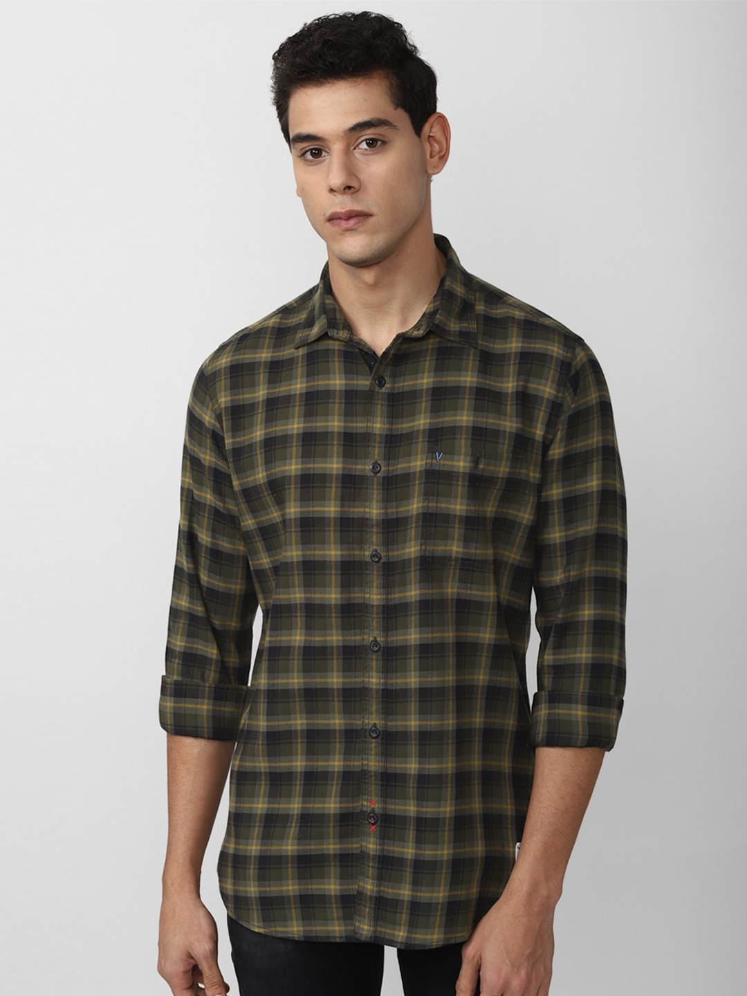 

VAN HEUSEN DENIM LABS Men Olive Green Slim Fit Checked Casual Shirt