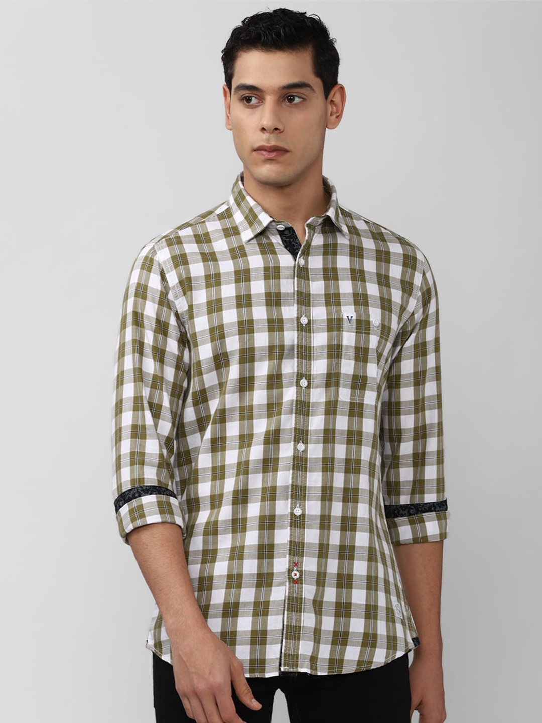 

VAN HEUSEN DENIM LABS Men Olive Green Slim Fit Checked Casual Shirt