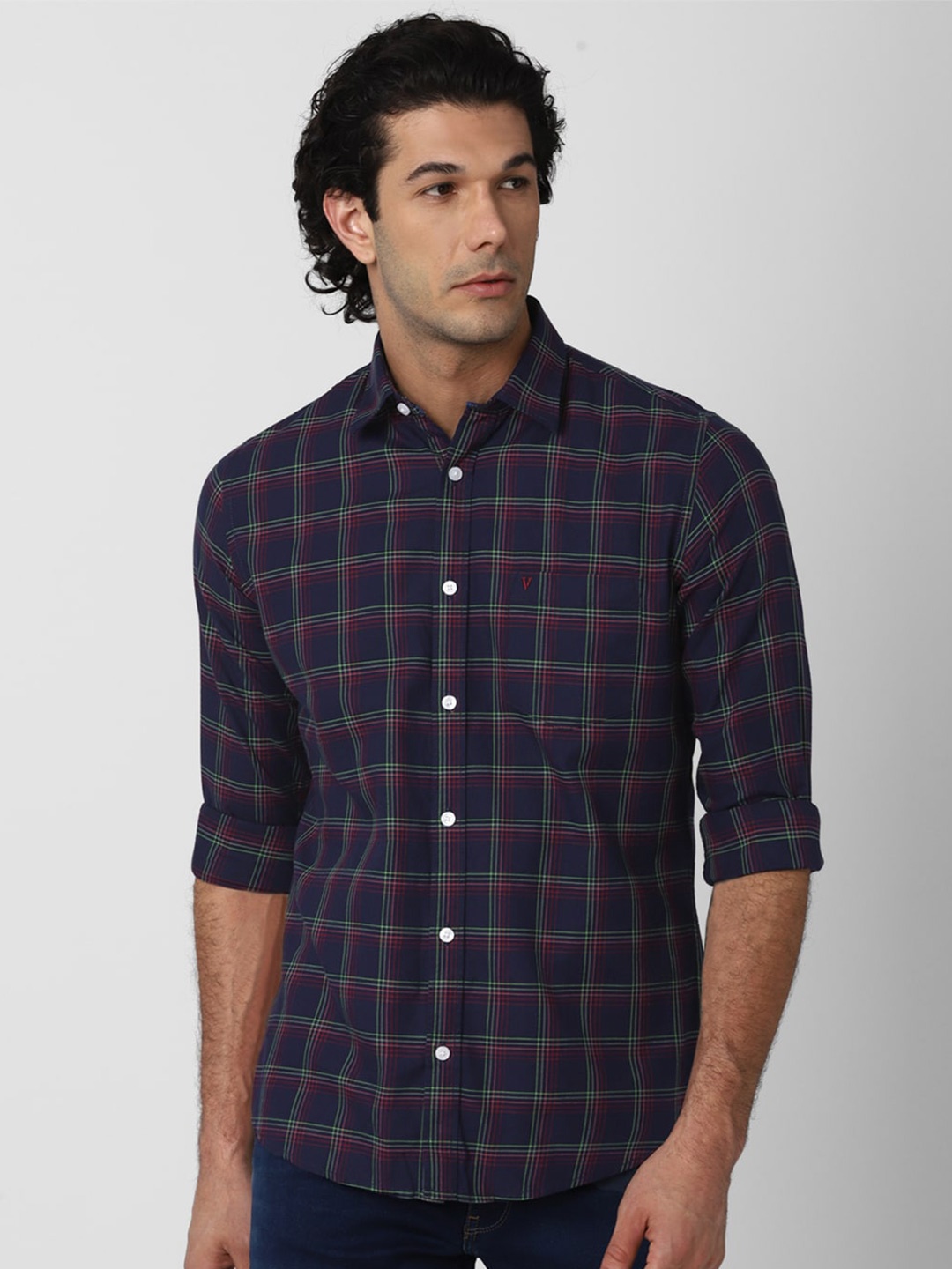 

Van Heusen Sport Men Navy Blue Slim Fit Grid Tattersall Checks Checked Casual Shirt