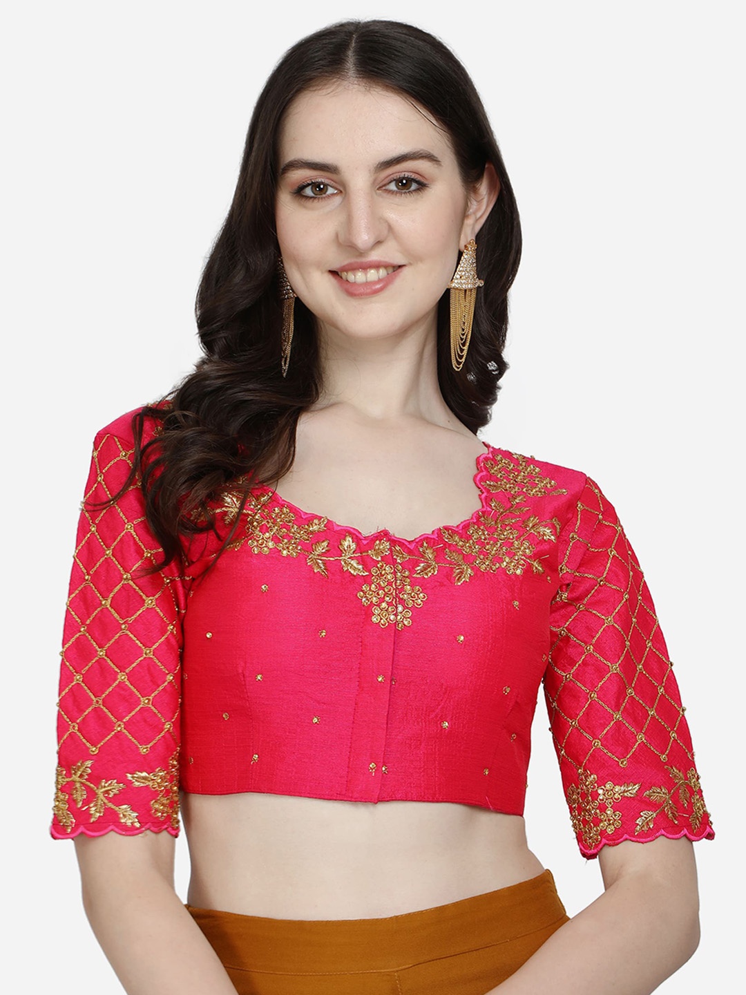 

Mesmore Women Pink Solid Embroidered Silk Saree Blouse