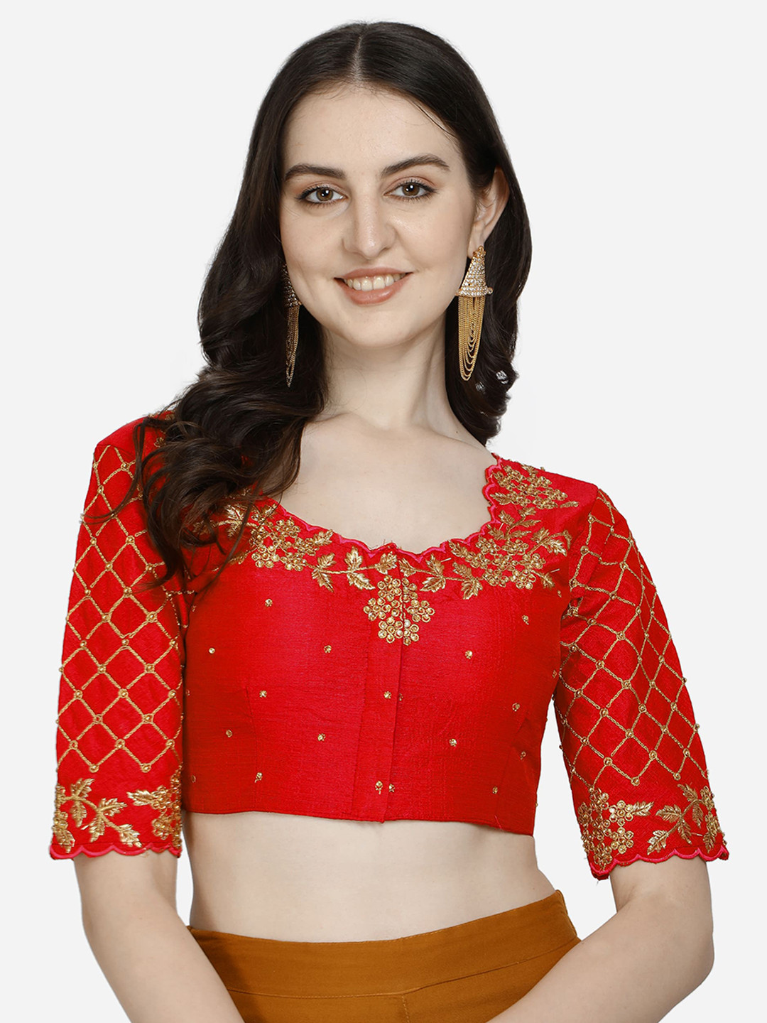 

Mesmore Women Red Solid Embroidered Silk Saree Blouse