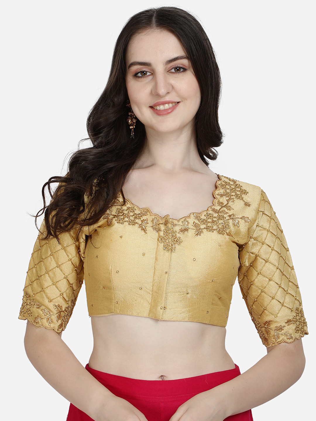 

Mesmore Women Beige Embroidered Silk Saree Blouse