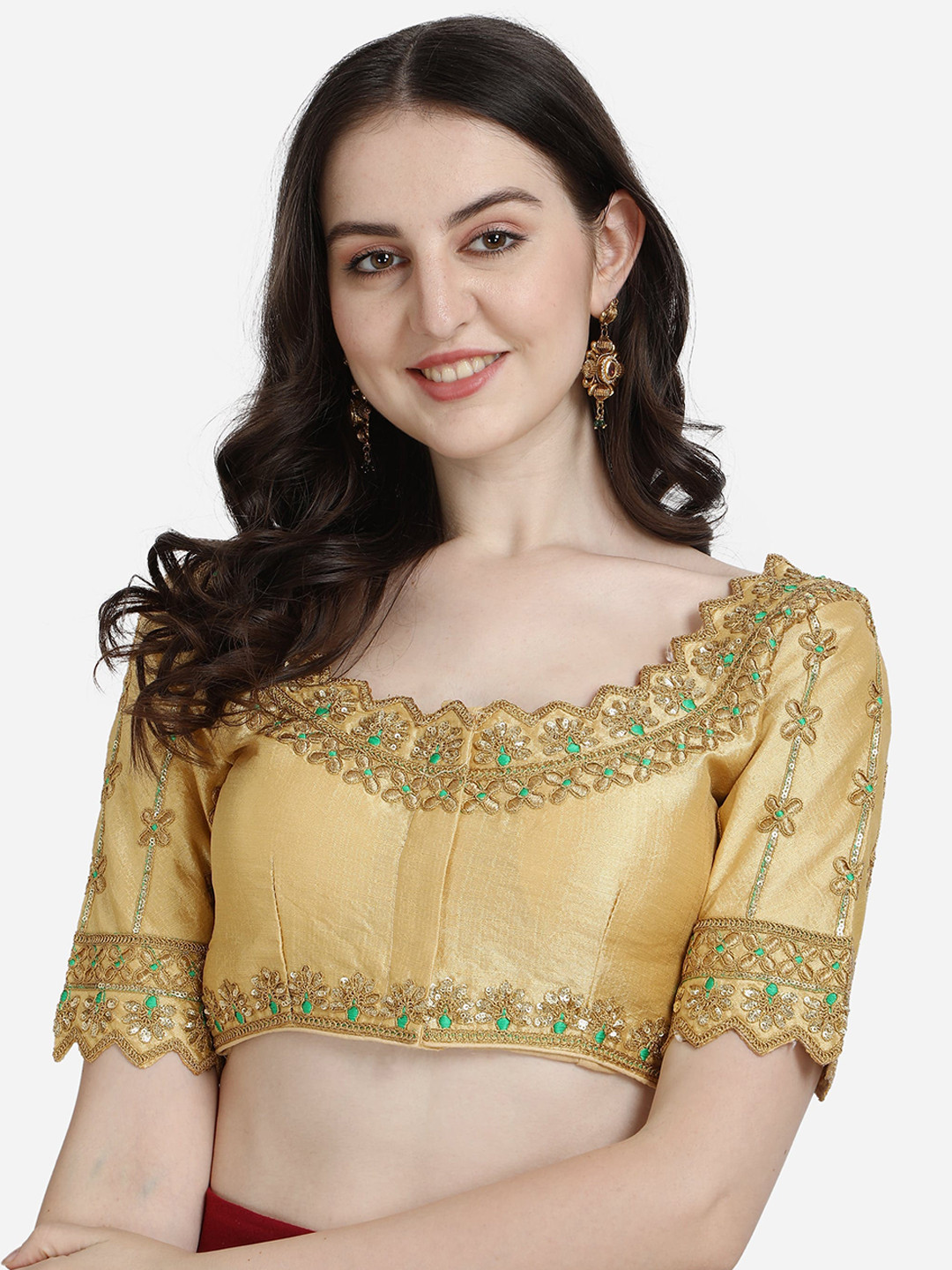 

Mesmore Women Beige Solid Embroidered Silk Saree Blouse