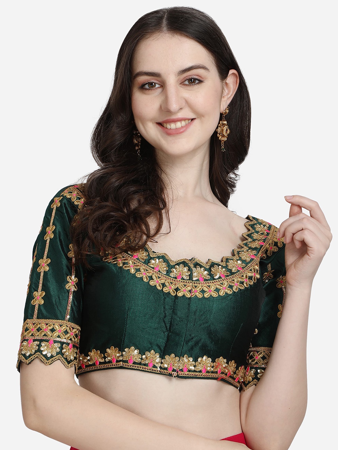 

Mesmore Women Green Solid Embroidered Silk Saree Blouse