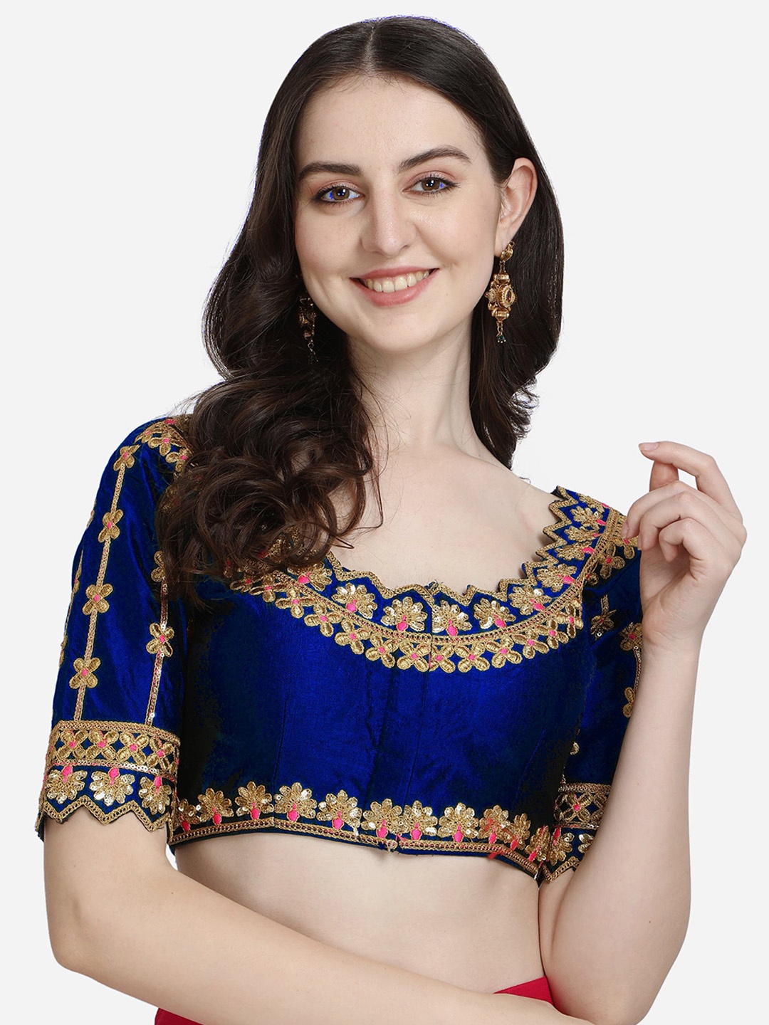 

Mesmore Women Blue Solid Embroidered Silk Saree Blouse