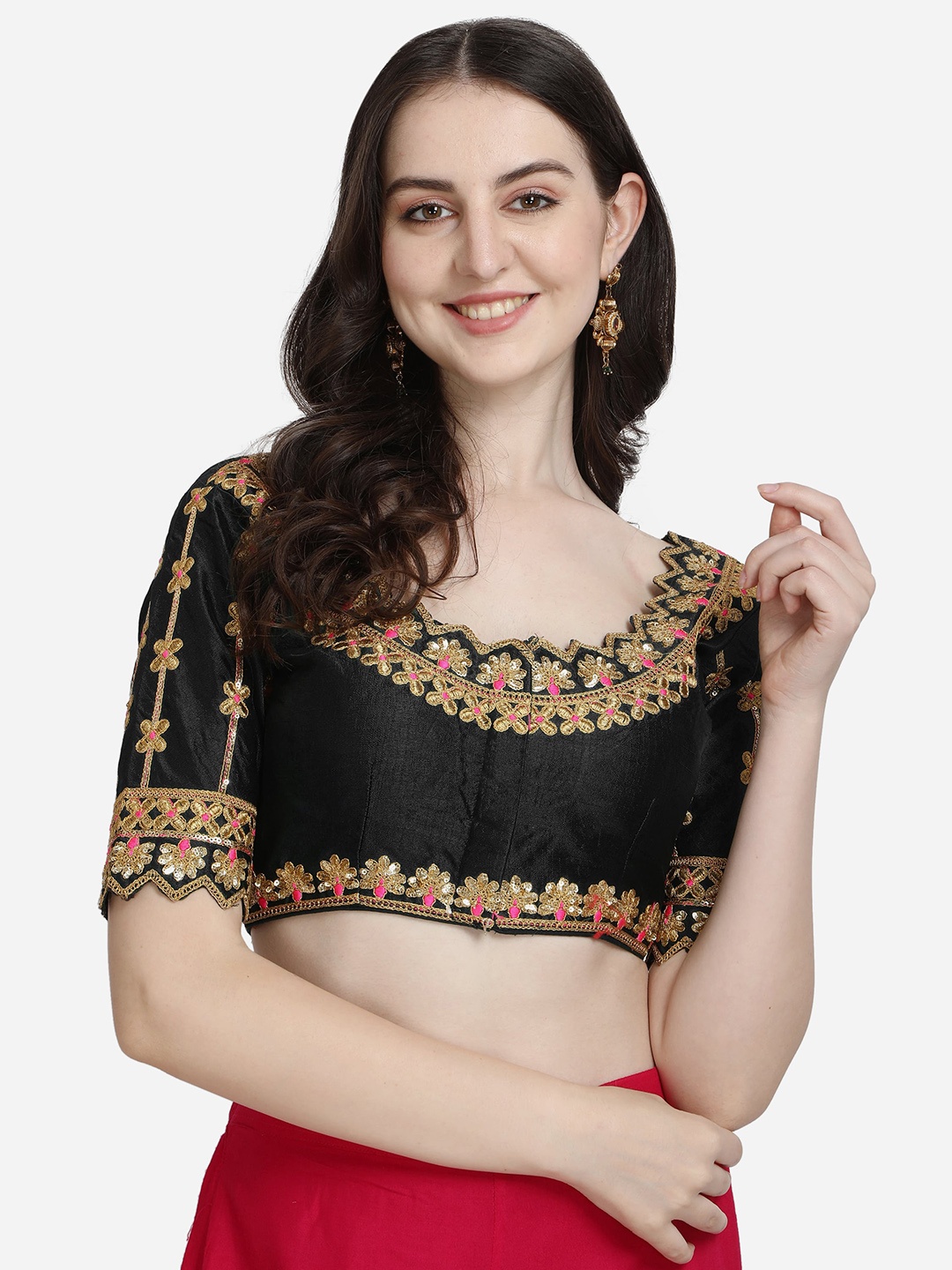 

Mesmore Women Black Solid Embroidered Silk Saree Blouse