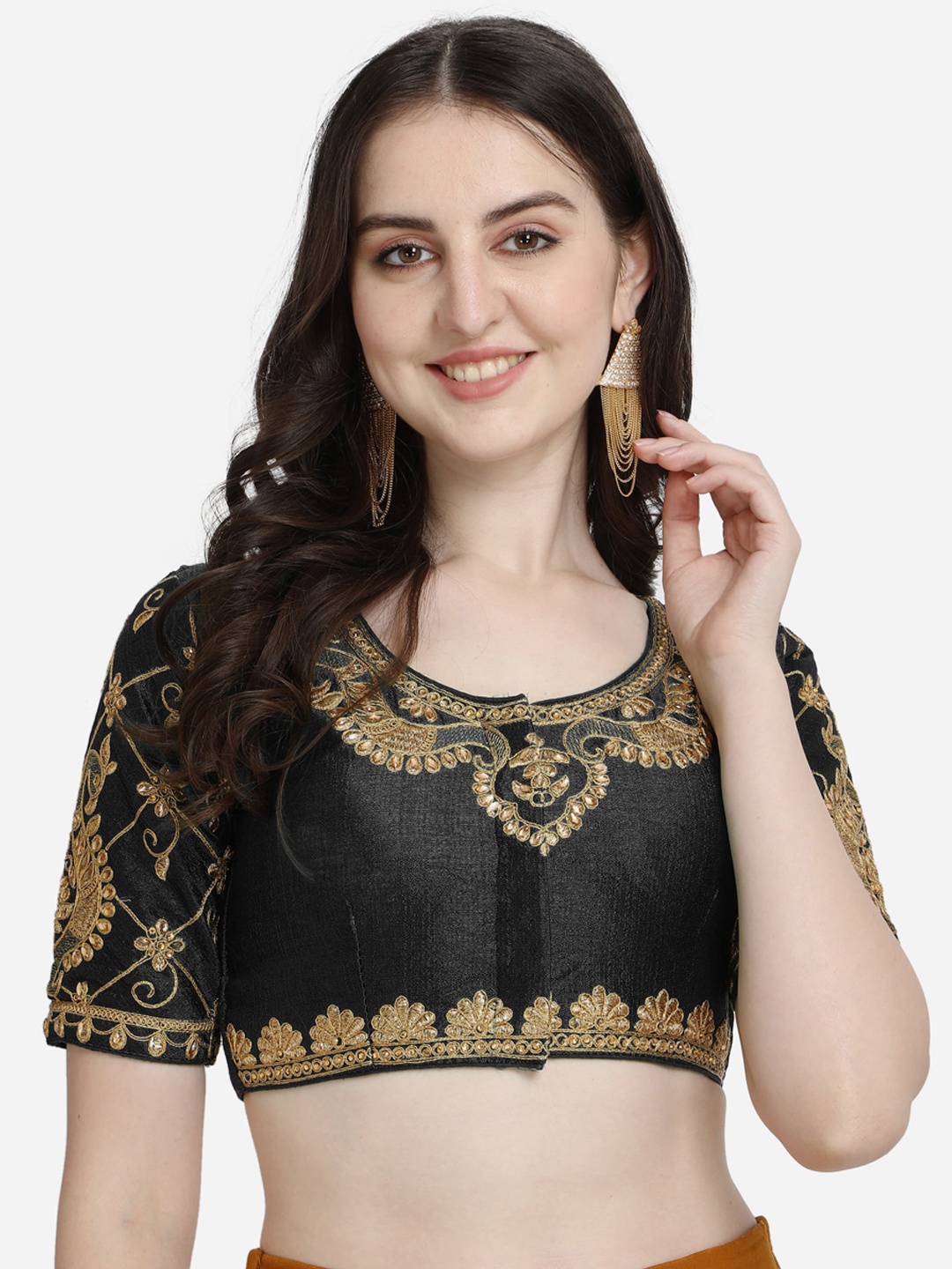 

Mesmore Women Black Solid Embroidered Silk Saree Blouse