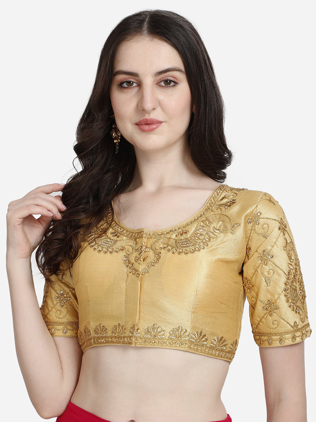 

Mesmore Women Beige Solid Embroidered Silk Saree Blouse