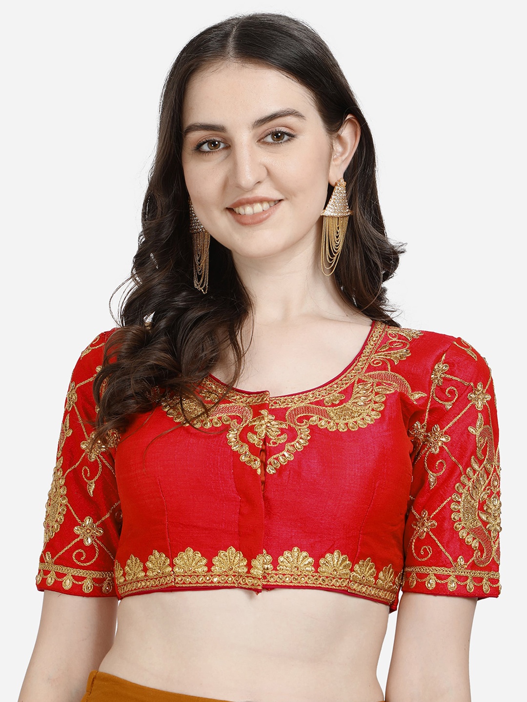

Mesmore Women Red Solid Embroidered Silk Saree Blouse