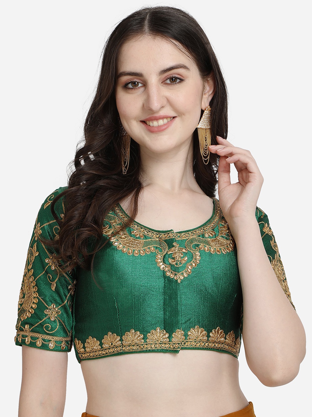 

Mesmore Women Green Solid Embroidered Silk Saree Blouse