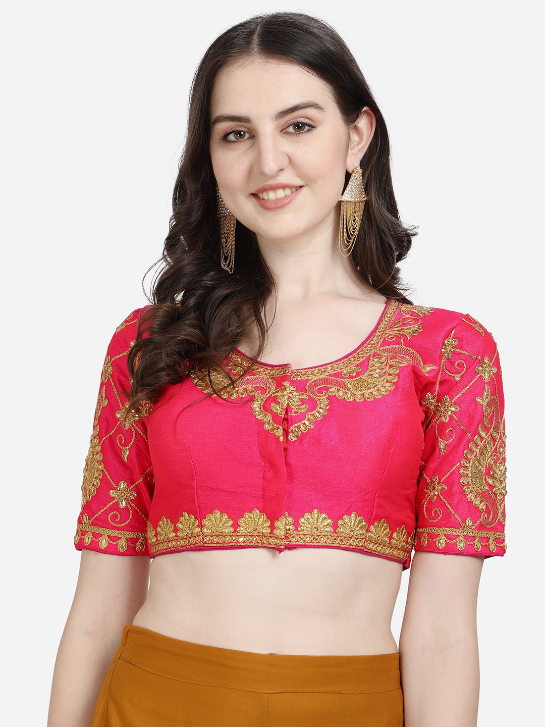 

Mesmore Women Pink Solid Embroidered Silk Saree Blouse