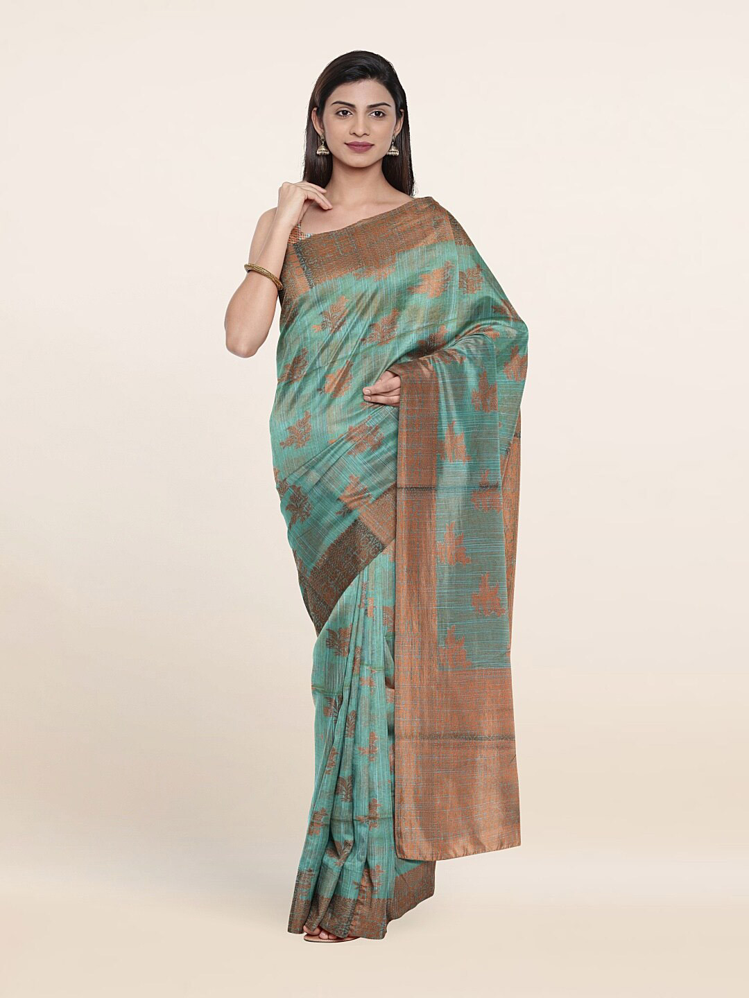 

Pothys Blue & Copper-Toned Floral Zari Saree