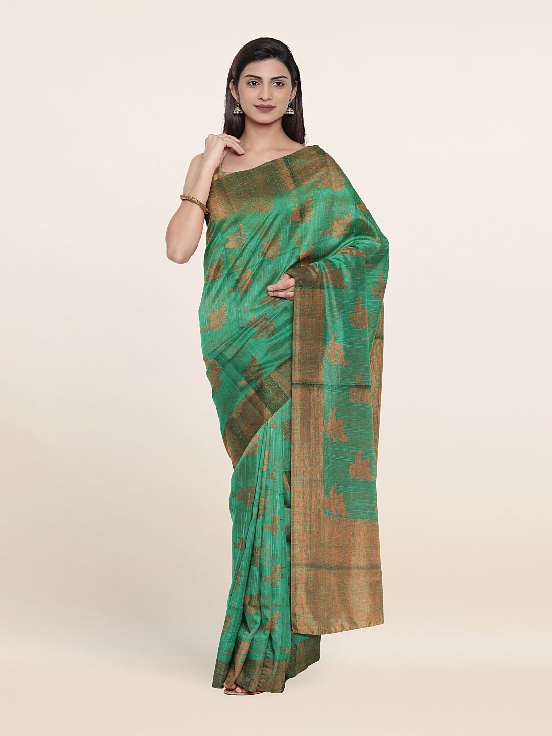 

Pothys Green & Gold-Toned Floral Zari Saree