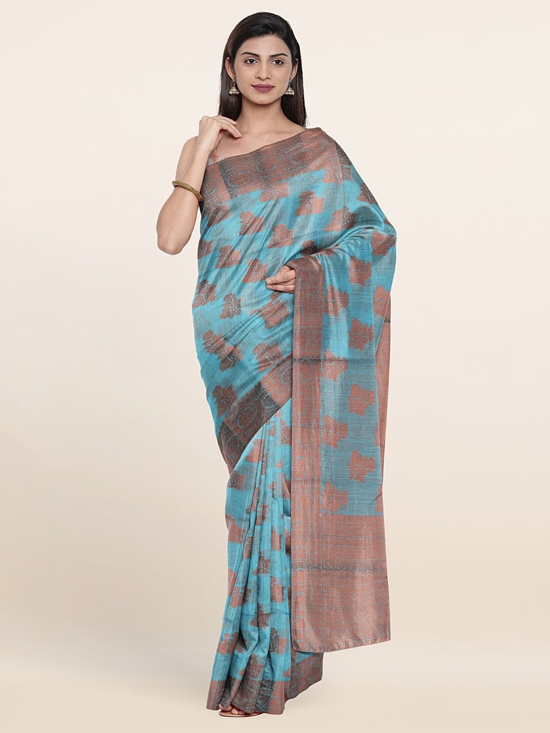 

Pothys Blue & Copper-Toned Floral Cotton Blend Saree