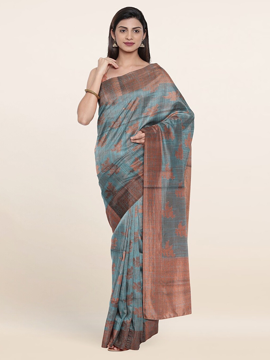 

Pothys Grey & Rust Floral Zari Saree