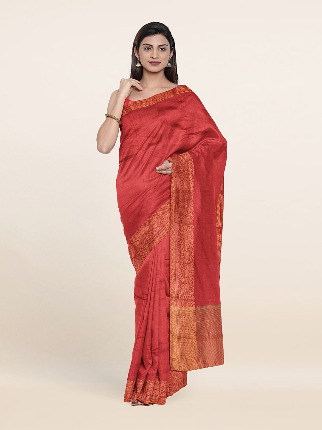 

Pothys Coral & Gold-Toned Art Silk Saree