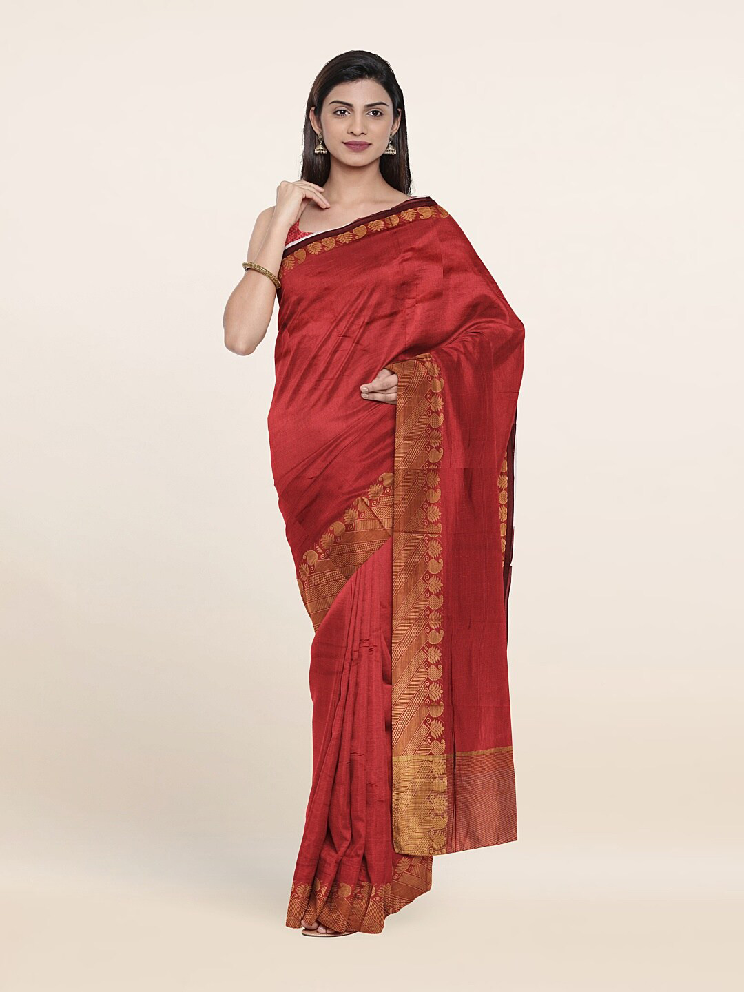 

Pothys Coral & Gold-Toned Art Silk Saree