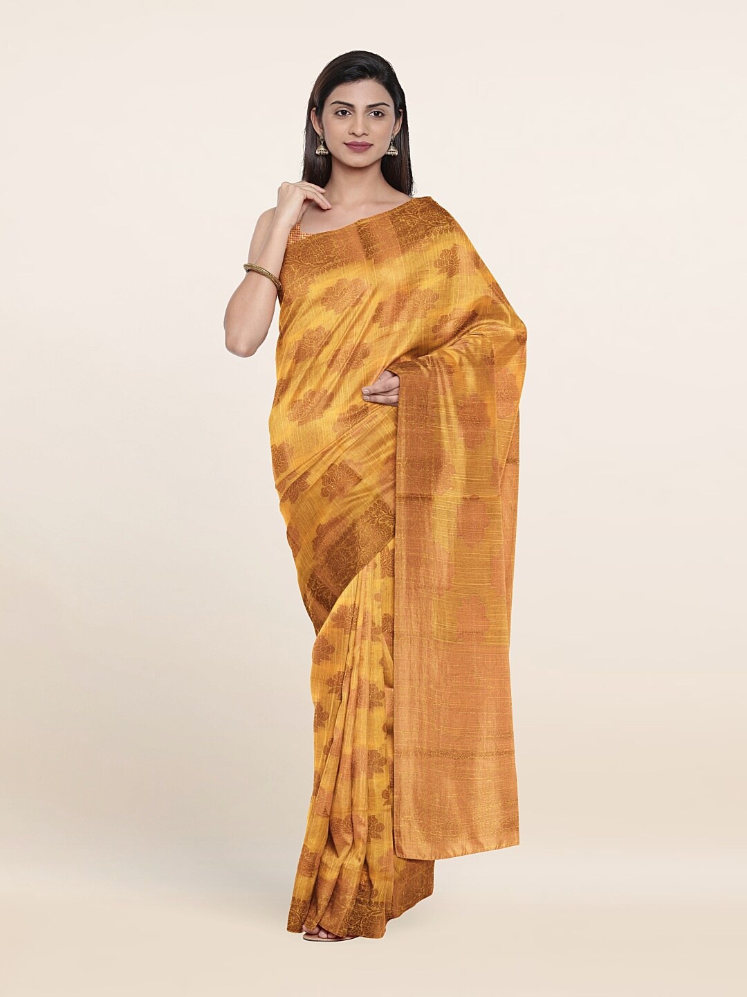 

Pothys Mustard & Gold-Toned Floral Saree