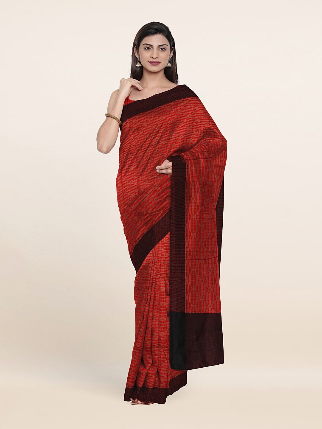 

Pothys Red & Brown Woven Design Supernet Saree