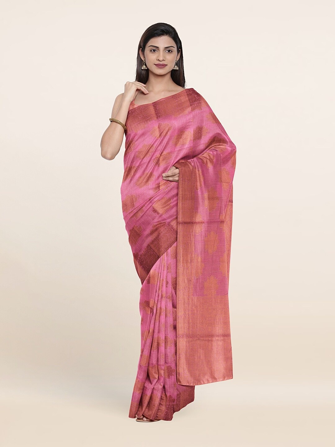 

Pothys Pink & Gold-Toned Cotton Blend Floral Saree