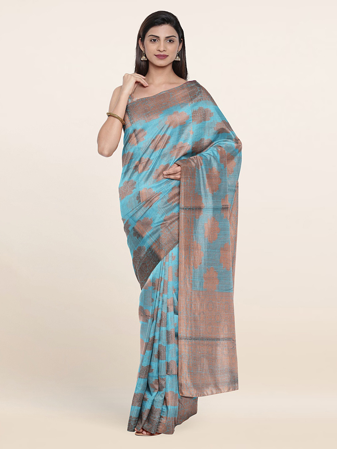 

Pothys Blue & Brown Floral Woven Design Zari Saree