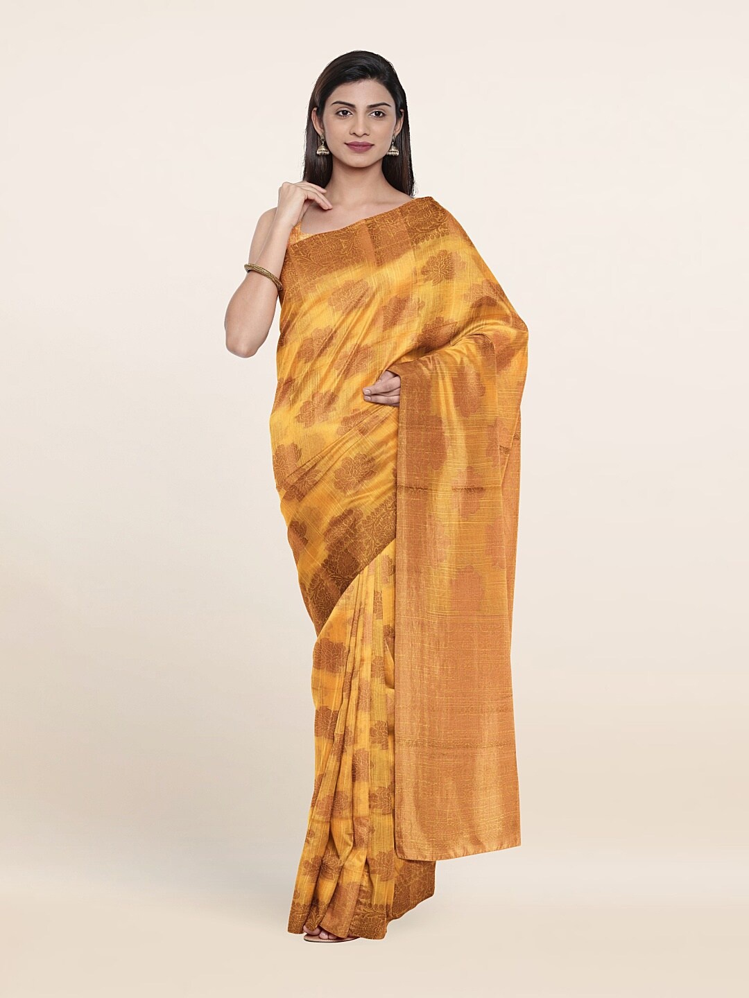 

Pothys Mustard & Gold-Toned Floral Saree