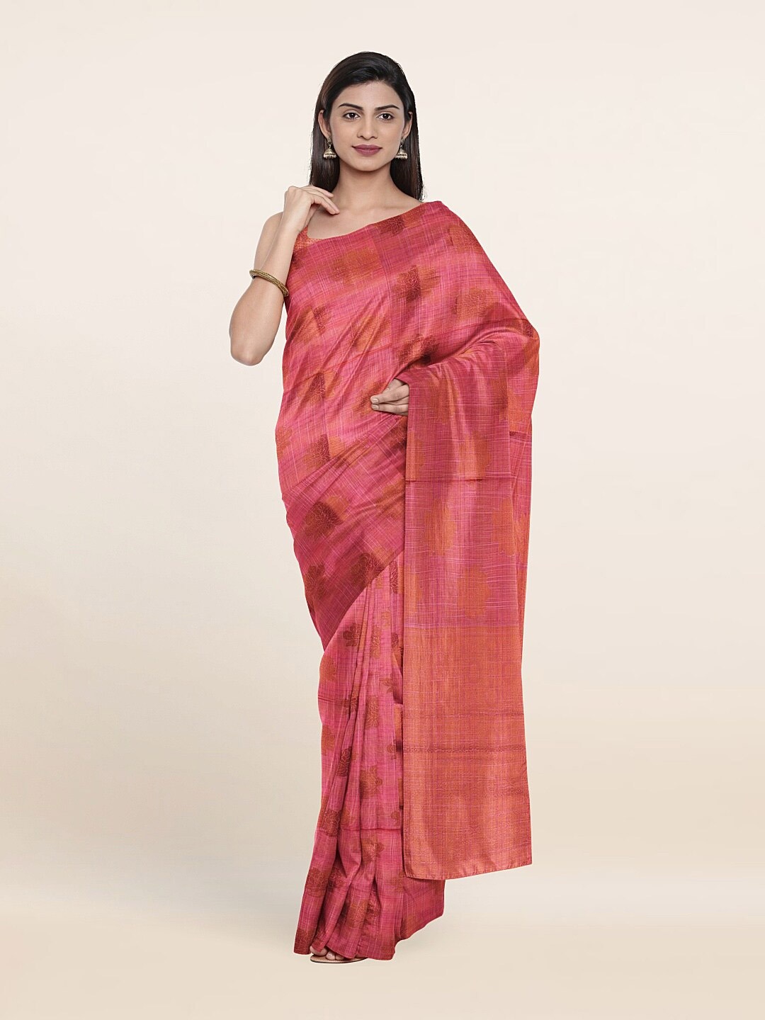 

Pothys Pink & Gold-Toned Floral Zari Saree