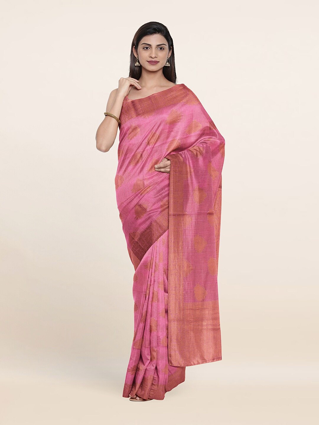 

Pothys Pink & Brown Floral Zari Saree