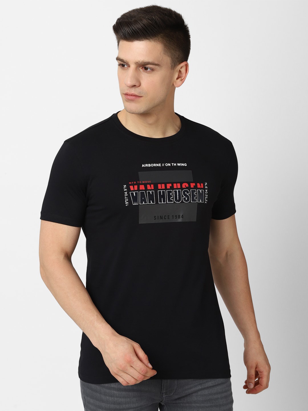 

V Dot Men Black Typography Printed Slim Fit Pure Cotton T-shirt