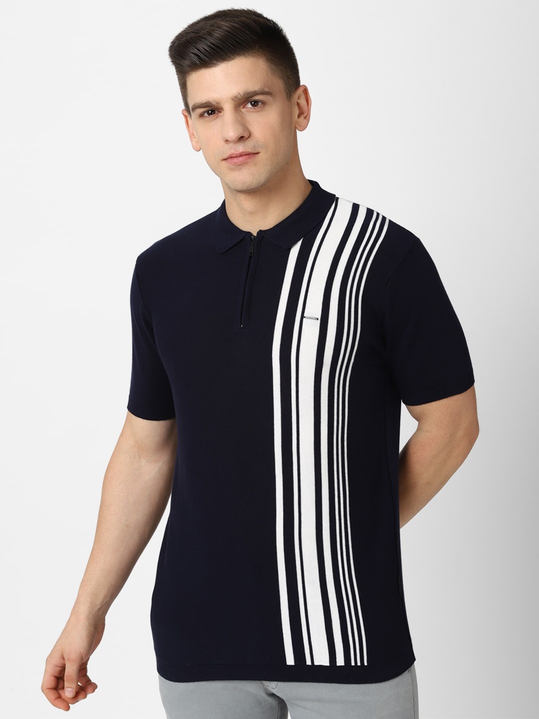

Van Heusen Men Navy Blue Striped Polo Collar T-shirt
