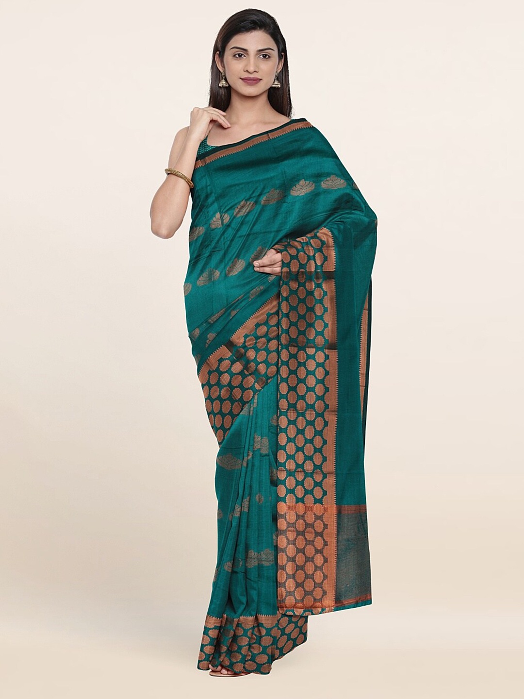 

Pothys Green & Copper-Toned Woven Design Art Silk Saree