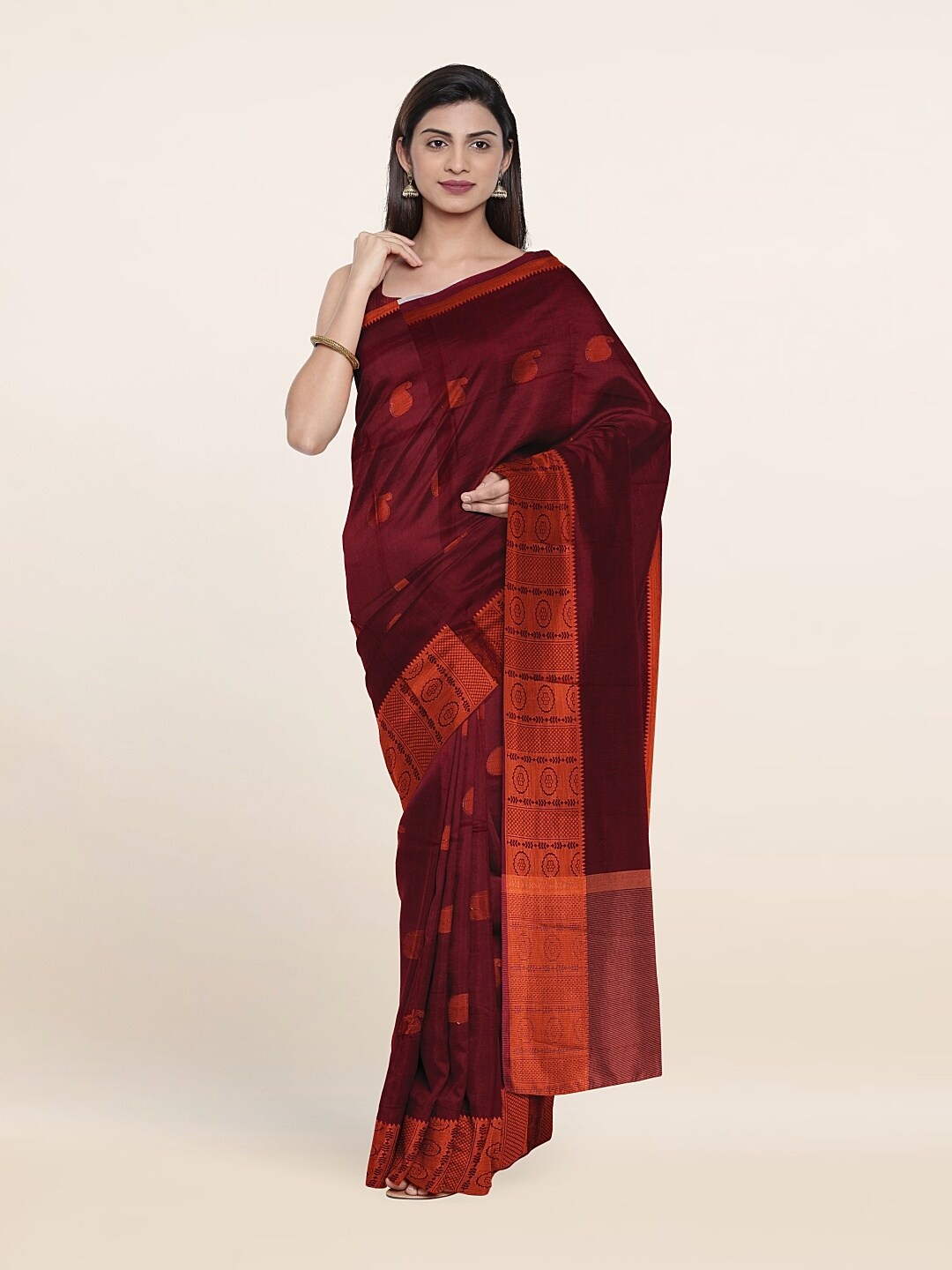 

Pothys Maroon & Gold-Toned Floral Art Silk Saree