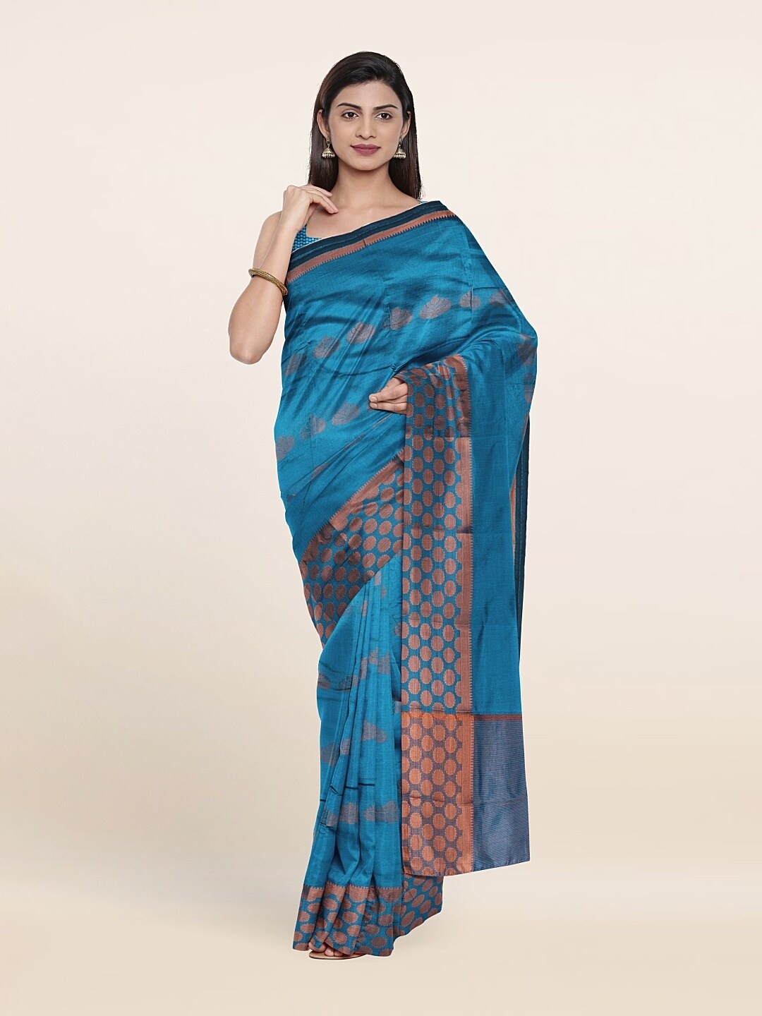 

Pothys Blue & Gold-Toned Ethnic Motifs Art Silk Saree