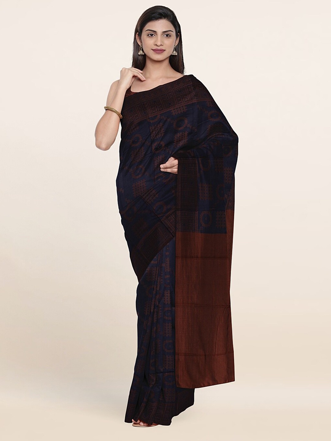 

Pothys Blue & Copper-Toned Ethnic Motifs Art Silk Saree