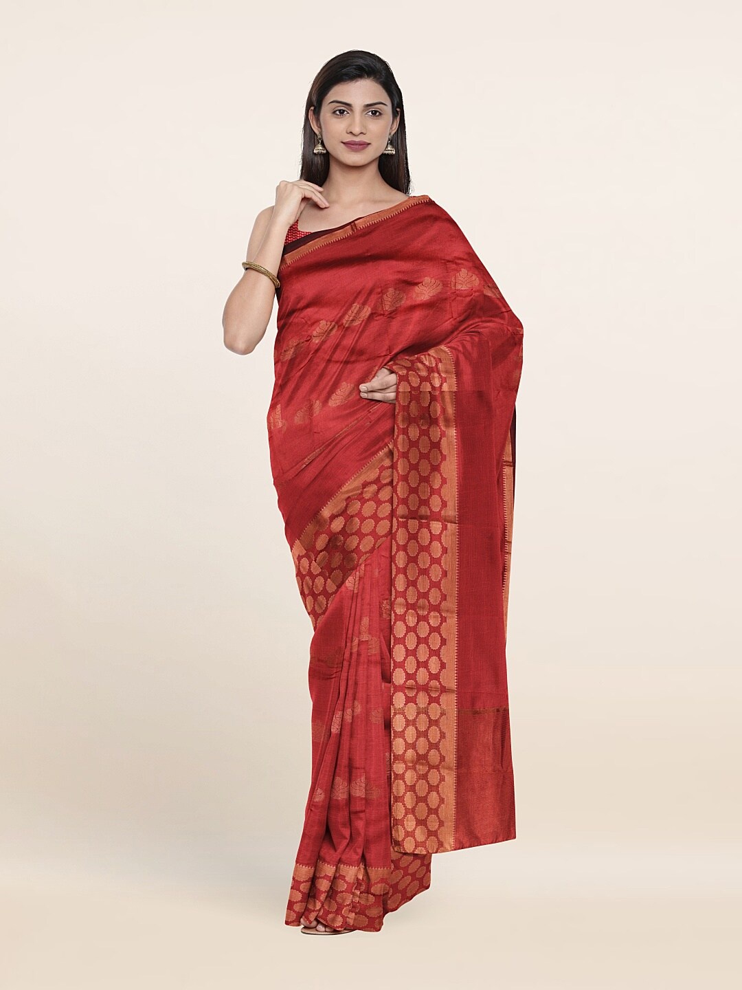 

Pothys Coral & Gold-Toned Floral Art Silk Saree