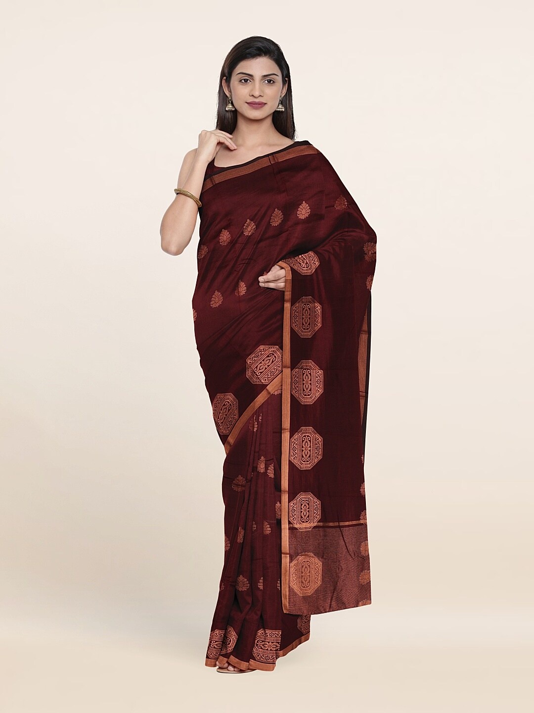 

Pothys Brown & Gold-Toned Floral Art Silk Saree