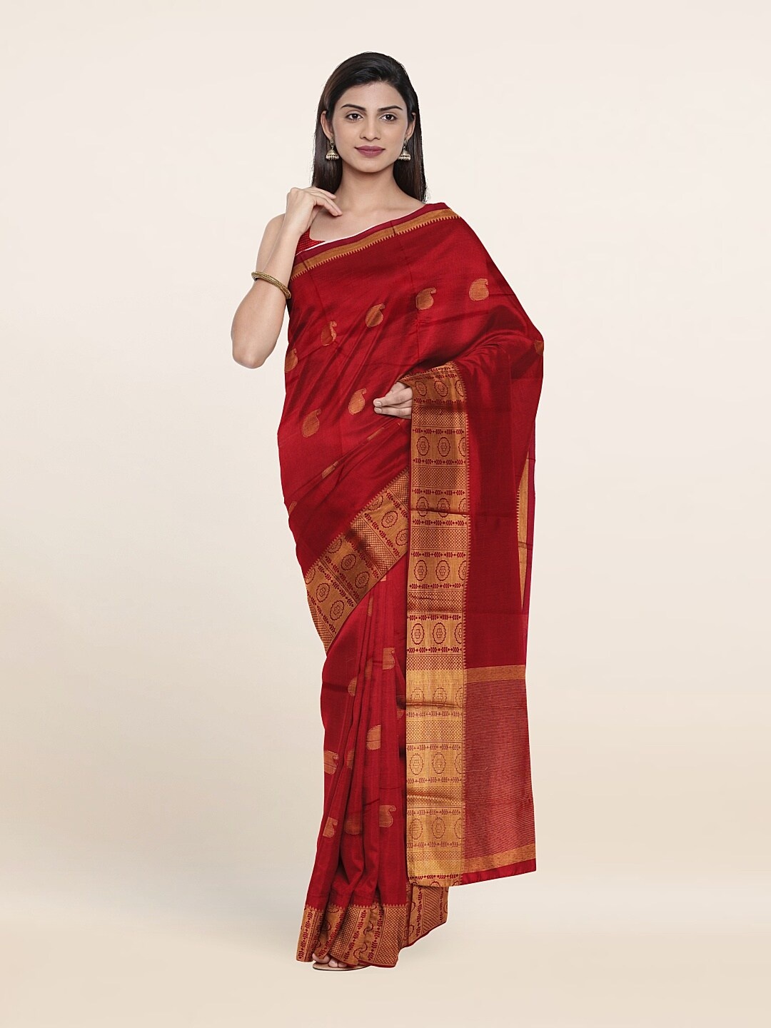 

Pothys Coral & Gold-Toned Woven Design Zari Art Silk Saree