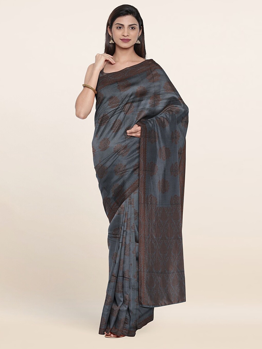 

Pothys Grey & Brown Floral Art Silk Saree