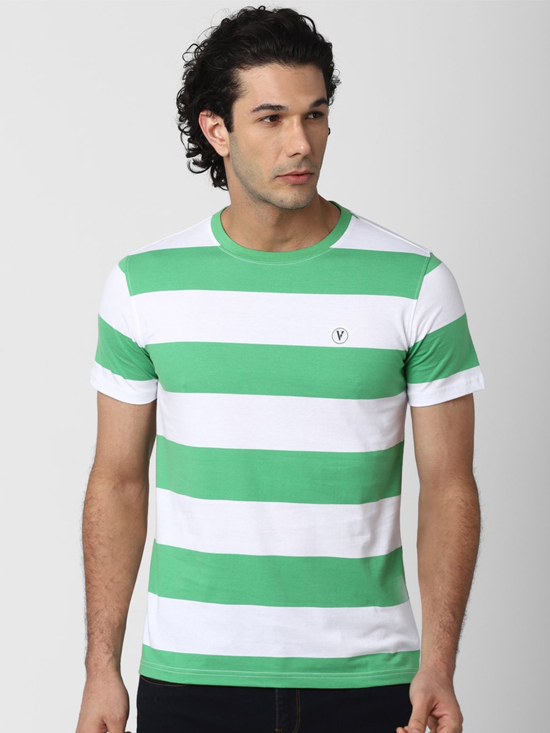 

Van Heusen Sport Men Green & White Striped Pure Cotton T-shirt