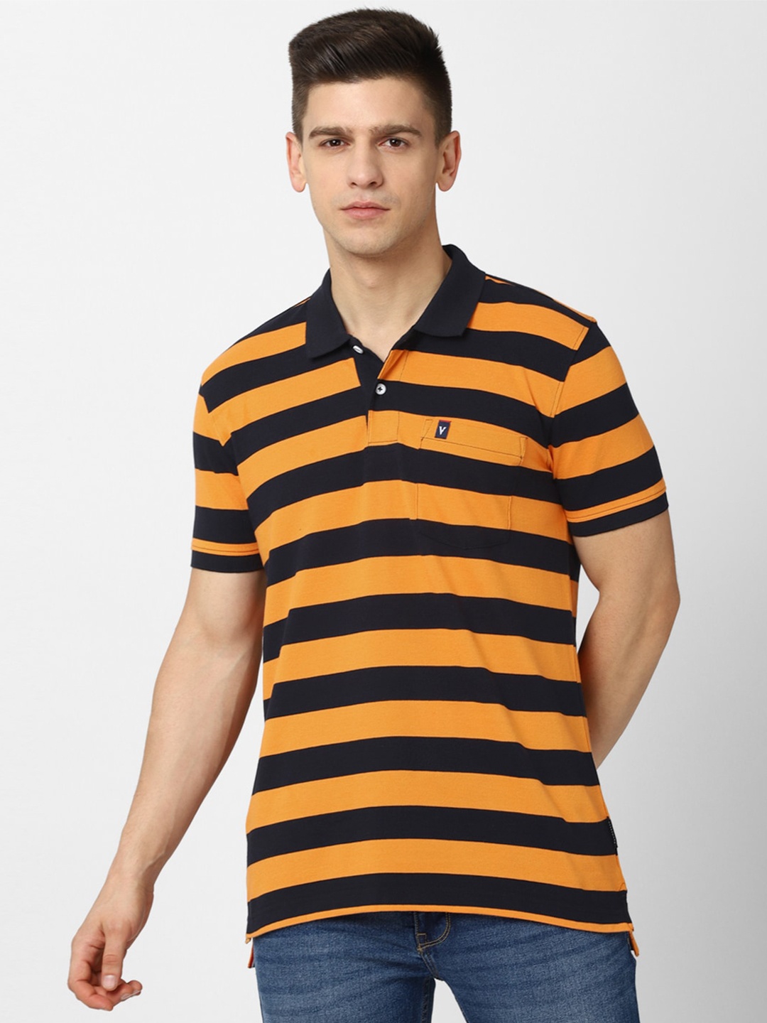 

Van Heusen Sport Men Black & Mustard Yellow Striped Polo Collar Pure Cotton T-shirt