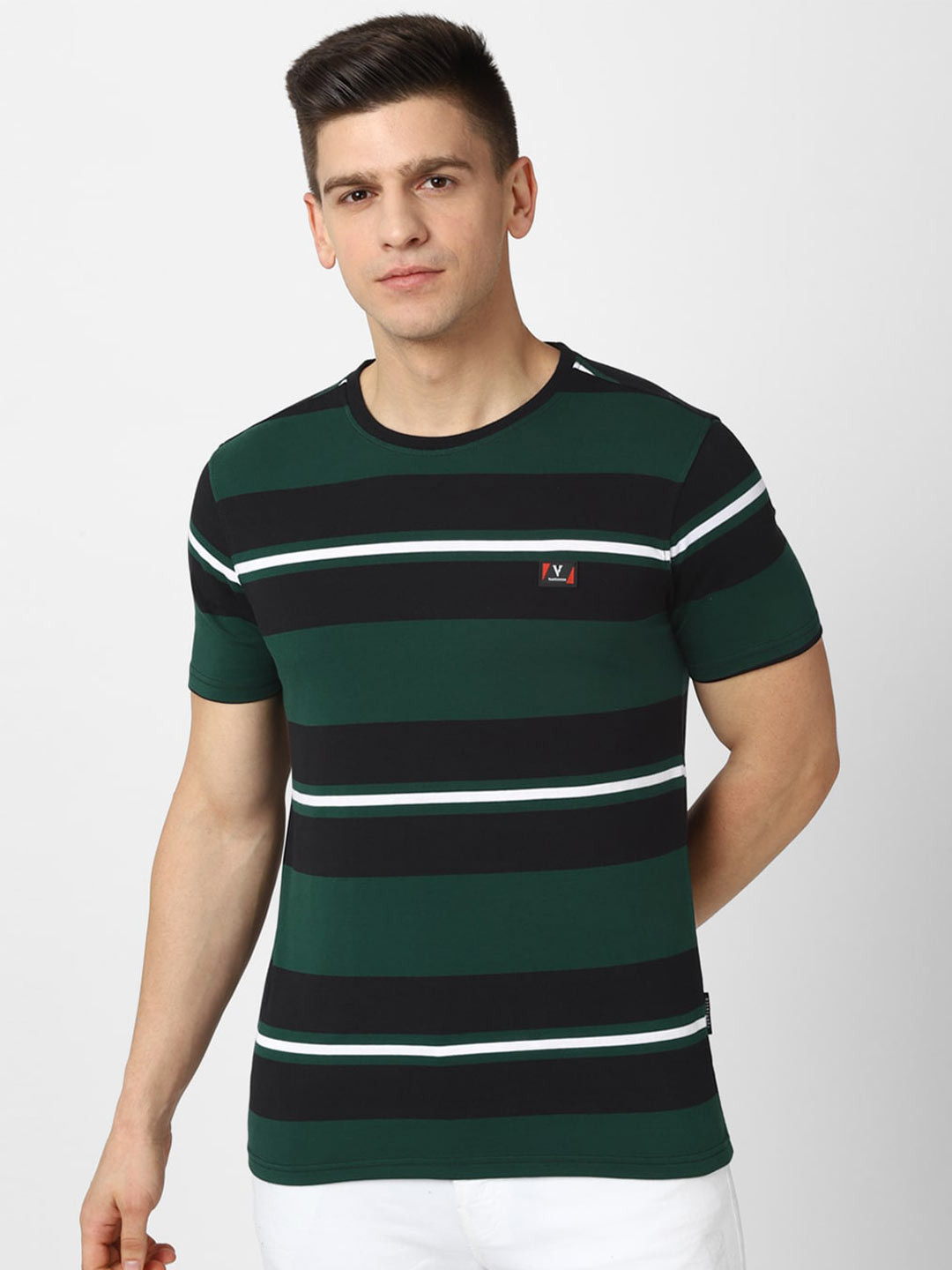 

Van Heusen Sport Men Green Striped Applique T-shirt