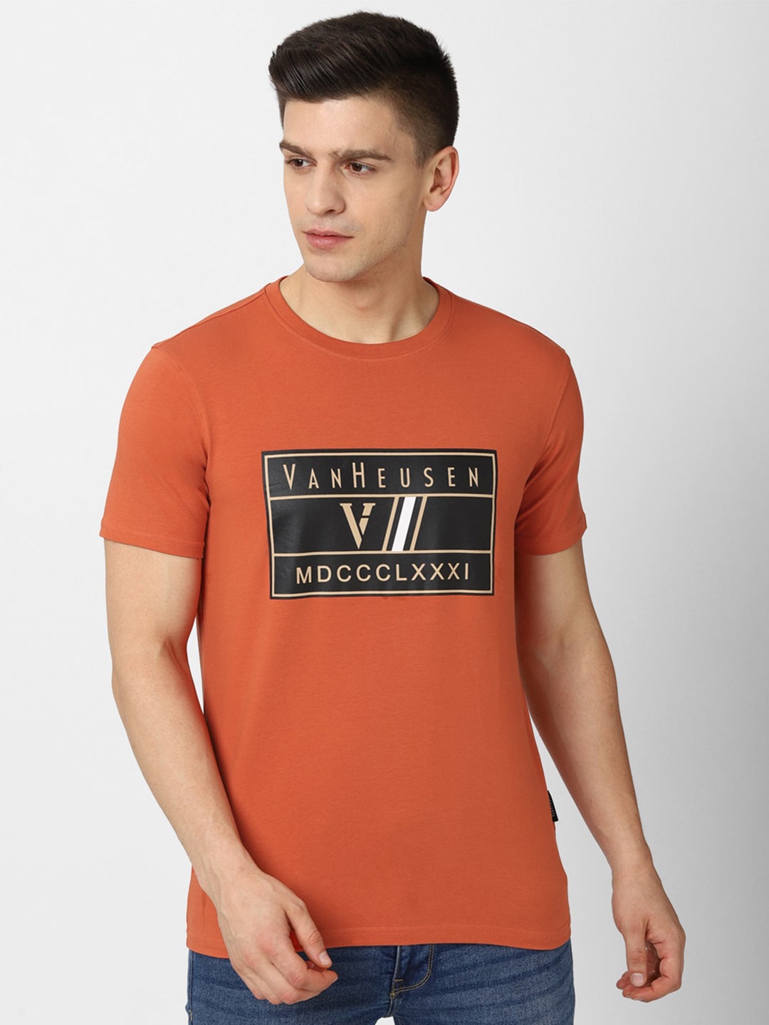 

Van Heusen Sport Men Orange Brand Logo Printed Pure Cotton T-shirt