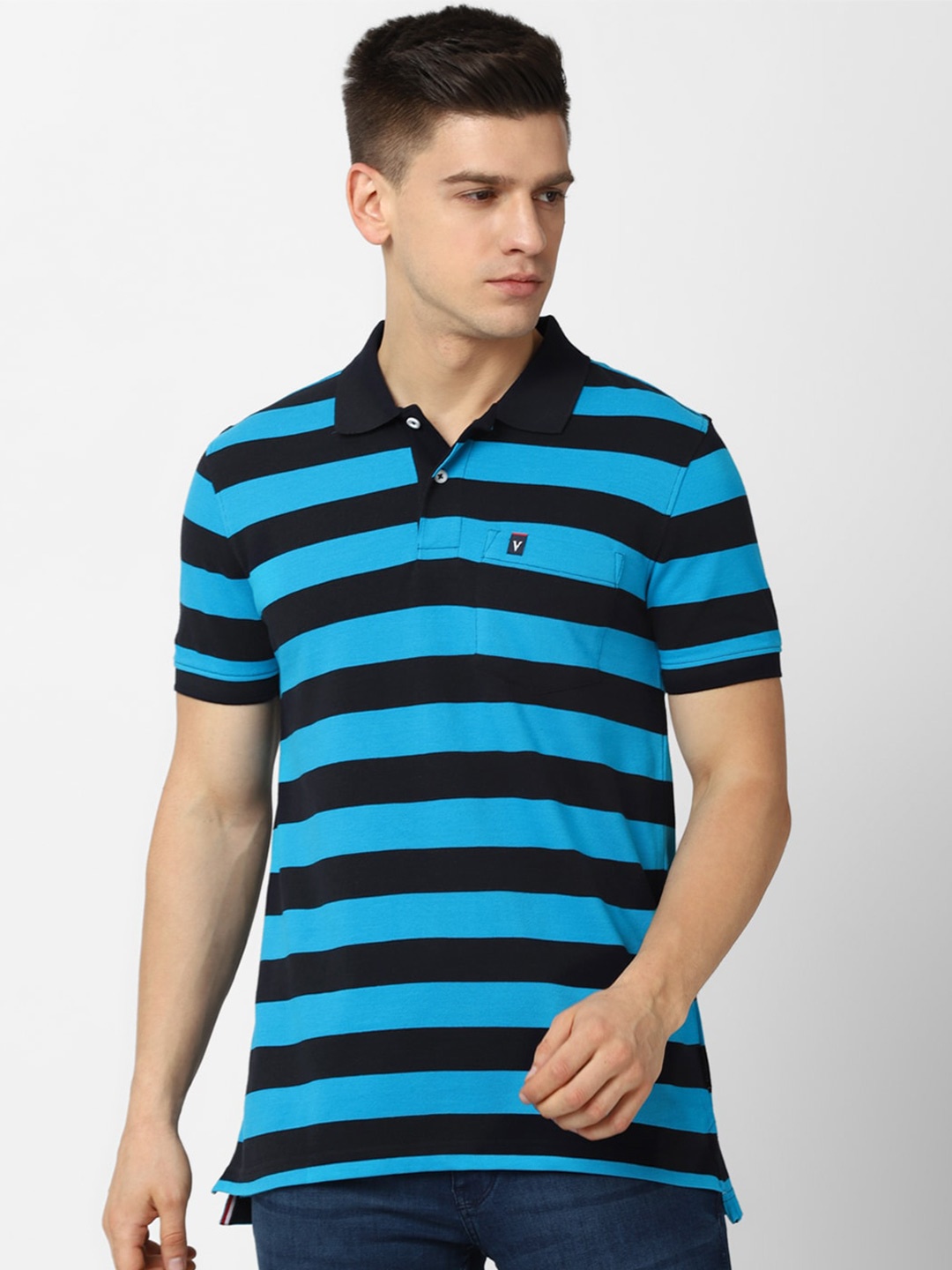 

Van Heusen Sport Men Black & Blue Striped Polo Collar Pure Cotton T-shirt