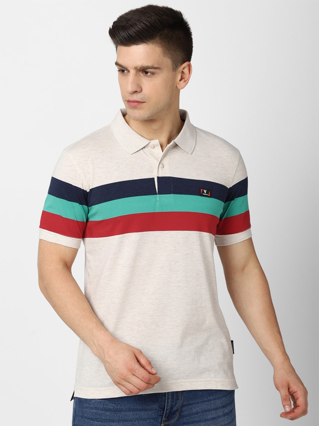 

Van Heusen Sport Men Cream-Coloured Striped Polo Collar Cotton T-shirt