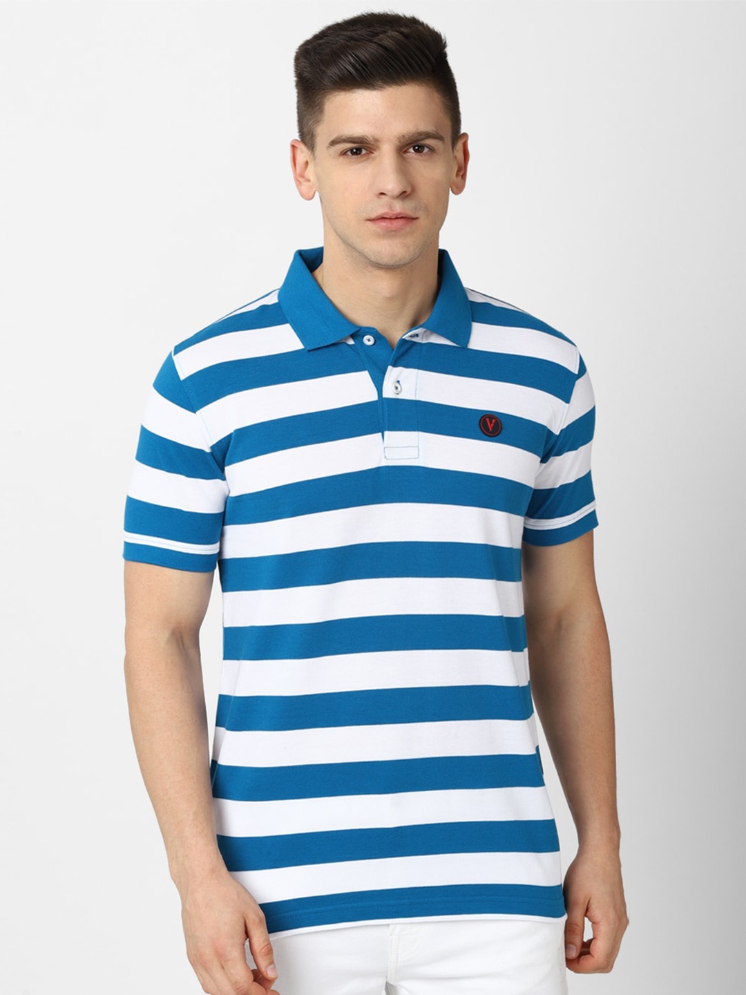 

Van Heusen Sport Men White & Blue Striped Polo Collar Pure Cotton T-shirt